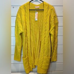 C+D+M Cardigan Womens L Large Cable Knit Yellow Pockets Long Sleeve
